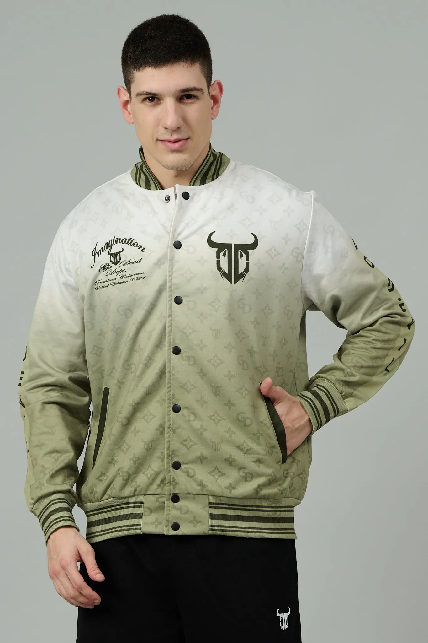 666 Imagination White and Green Varsity Jacket for Men