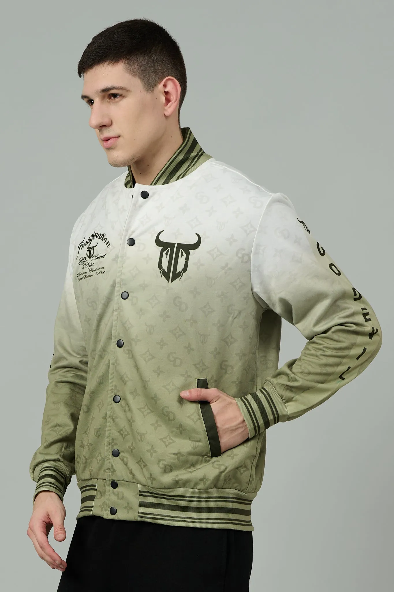 666 Imagination White and Green Varsity Jacket for Men