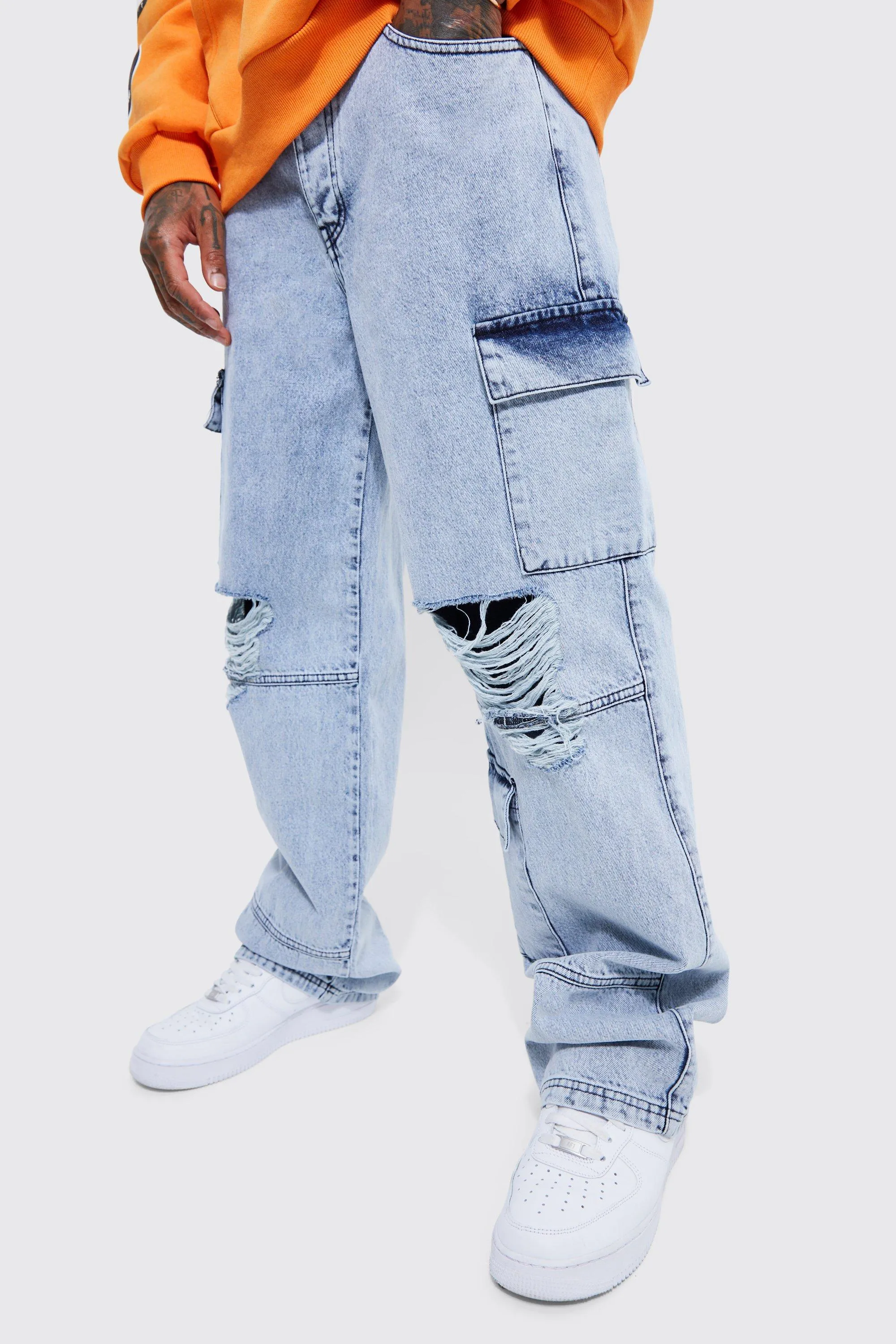 Baggy Busted Knee Cargo Jeans