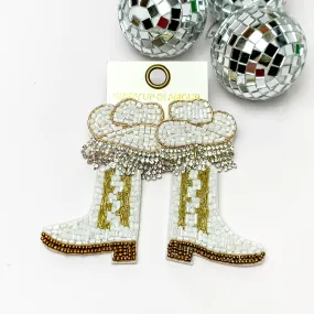 Beaded Cowboy Hat and Boot Earrings with Clear Crystal Fringe in White