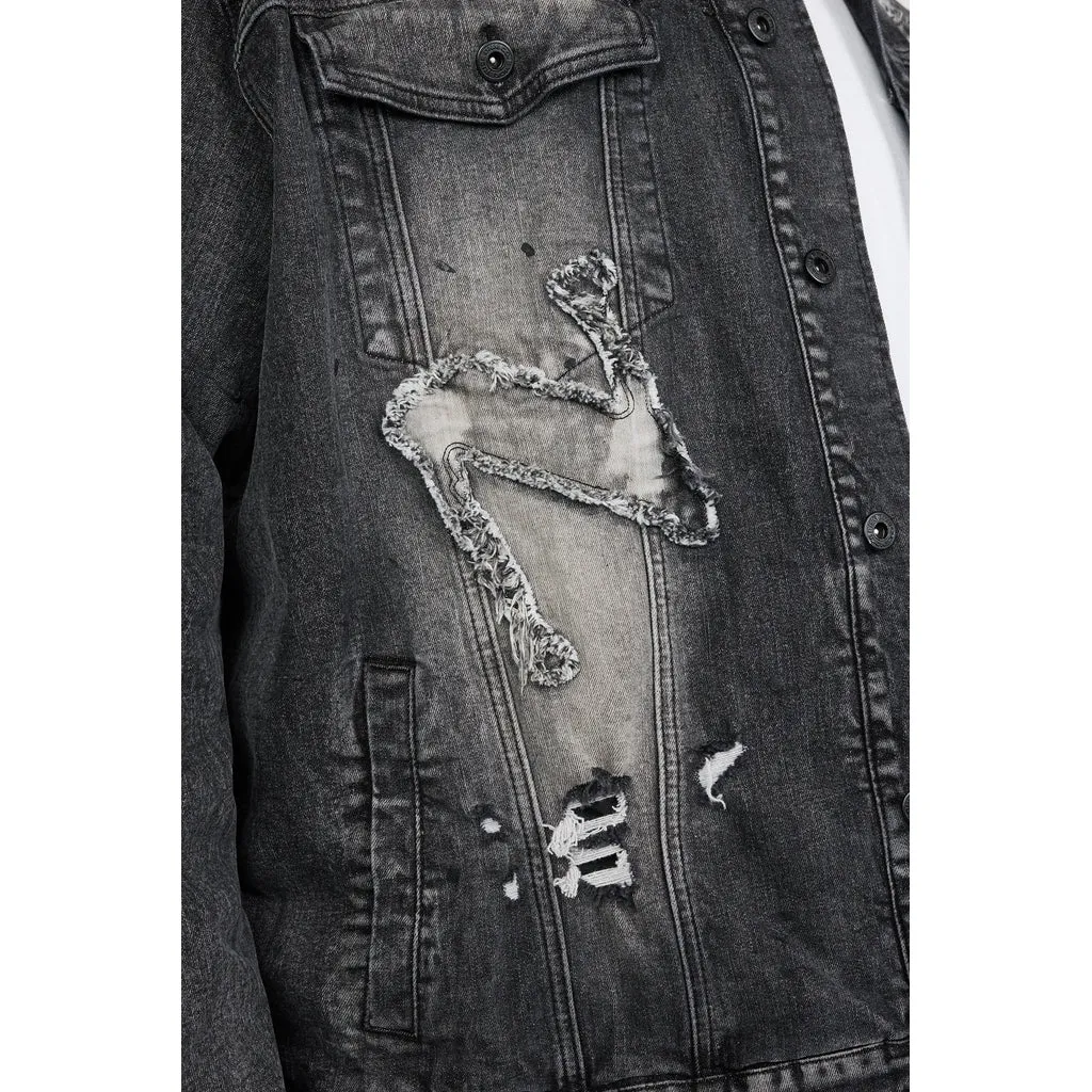 Big and Tall - Cut & Sewn Rip Off Letter Applique Jean Jacket - Black Lava