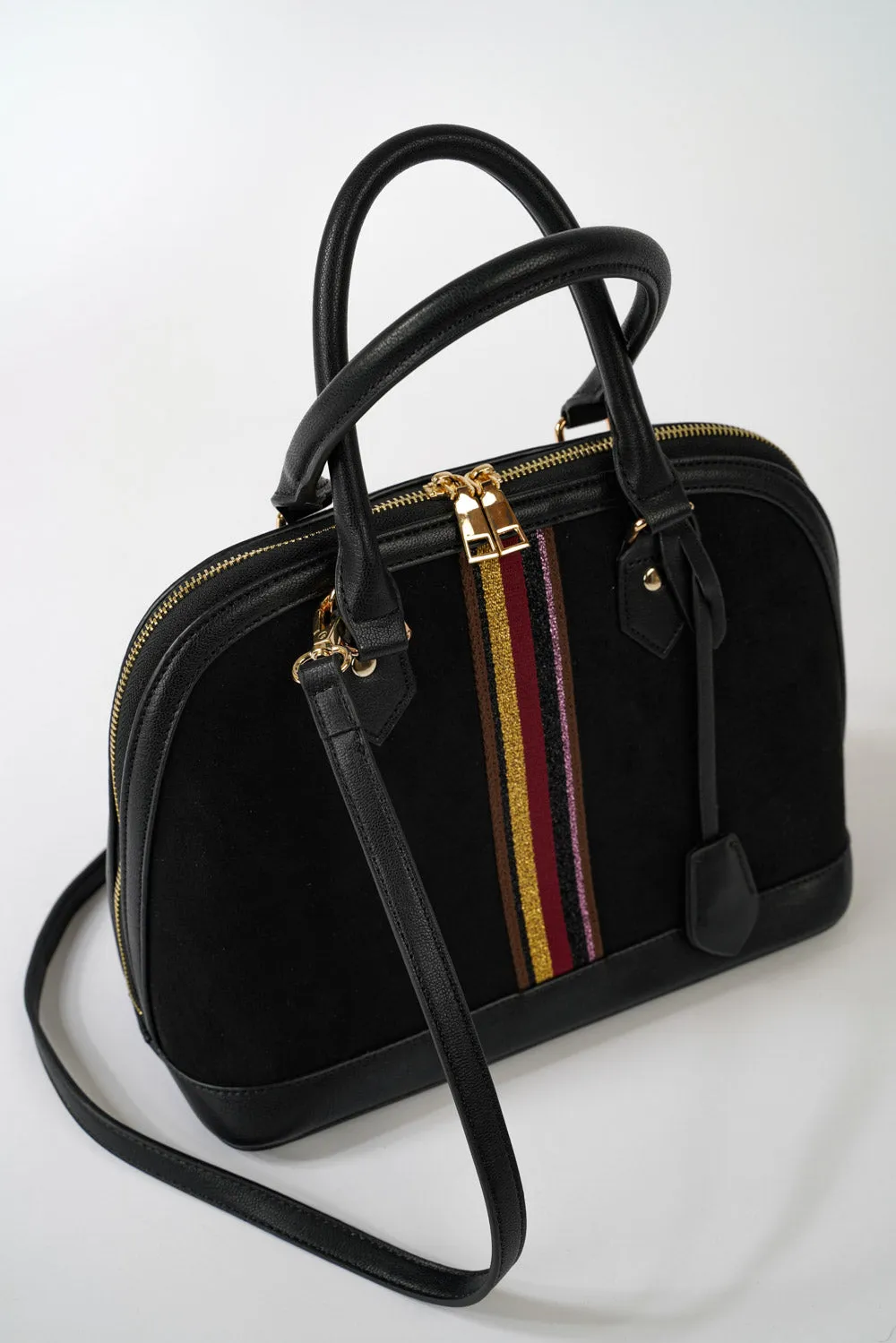 Black Suede Striped Shoulder Bag