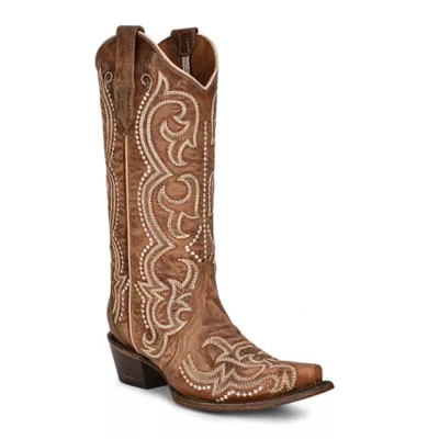 Circle G 13 in. Embroidery Cowhide Western Boot Snip Toe, Brown, L