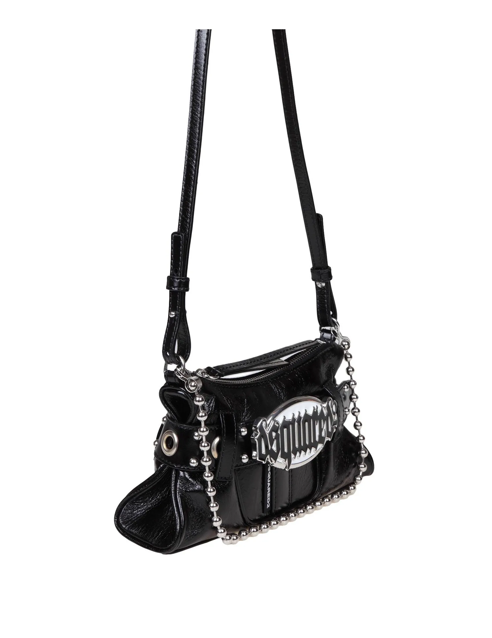 DSQUARED2 BLACK SHINY LEATHER SHOULDER BAG WITH LOGO