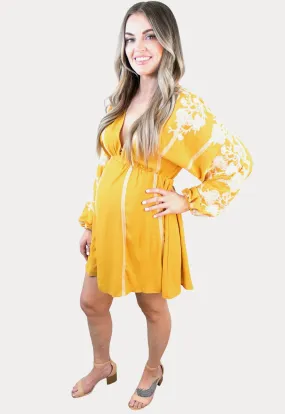 Embroidered Maternity Dress in Mustard