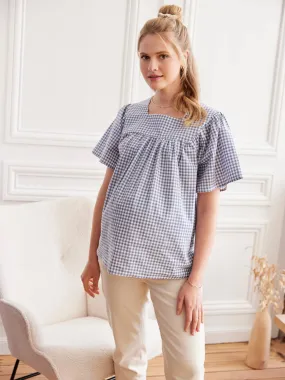 Gingham Blouse for Maternity - grey blue