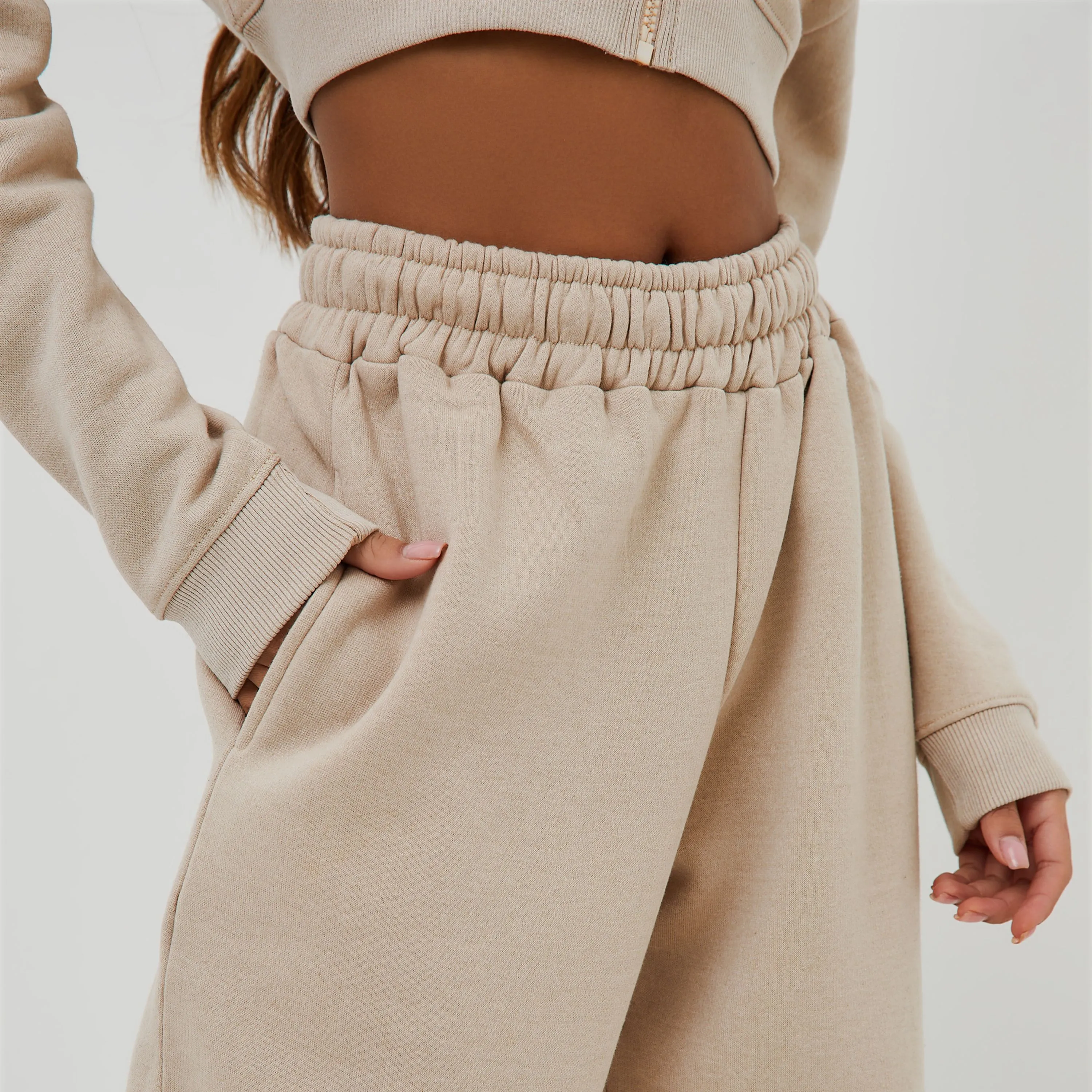 High Waist Oversized Wide Leg Joggers In Beige