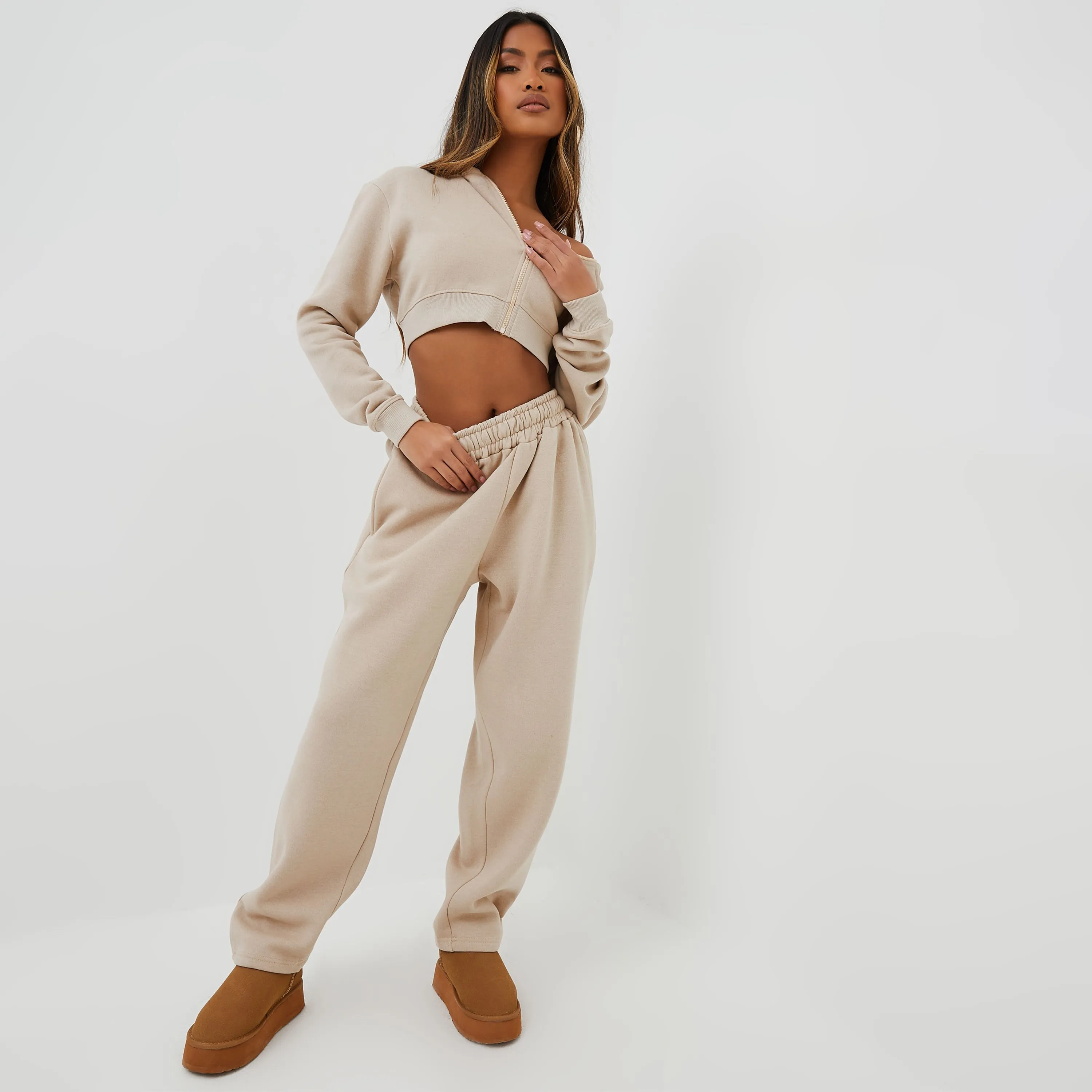 High Waist Oversized Wide Leg Joggers In Beige