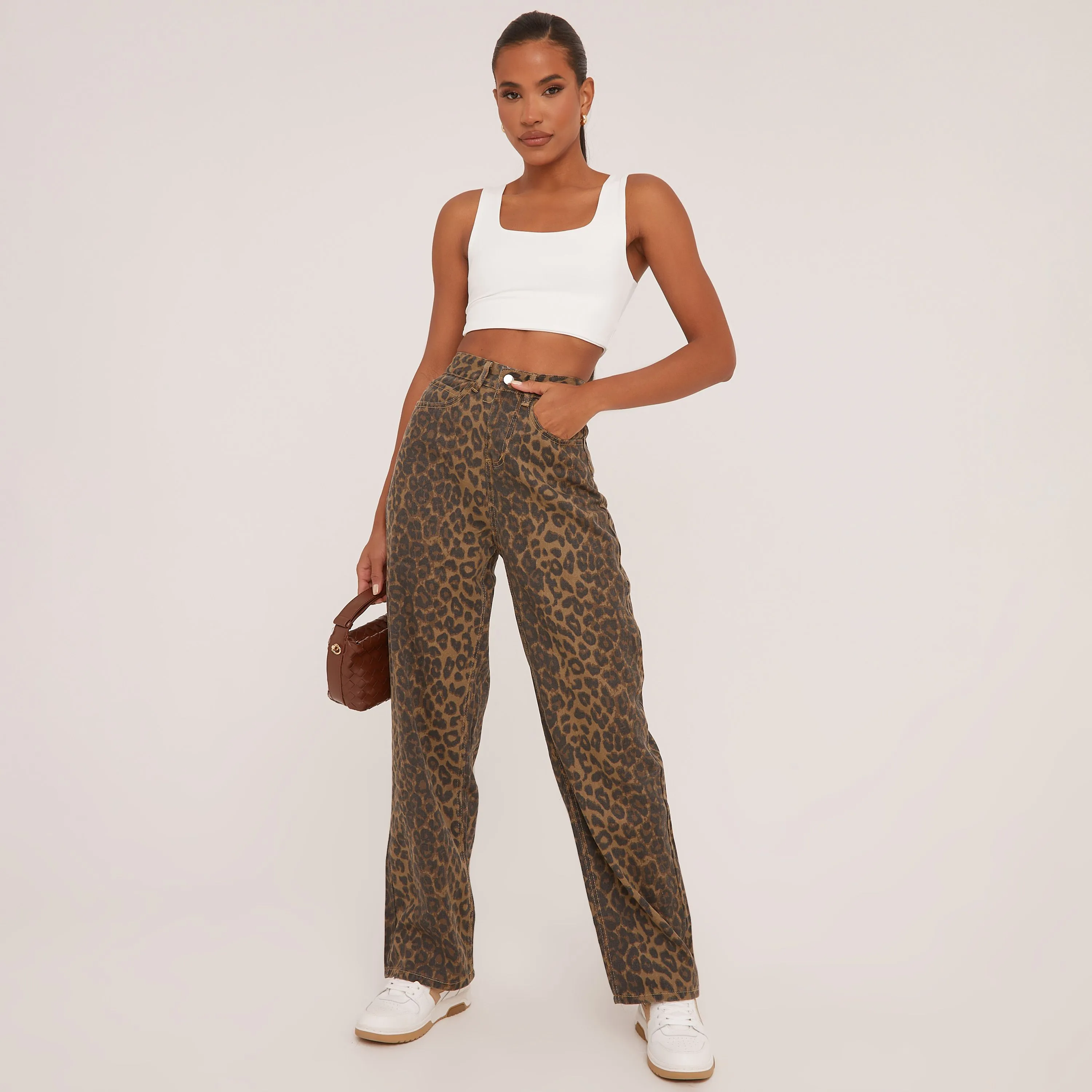 High Waist Straight Leg Jeans In Brown Leopard Print Denim