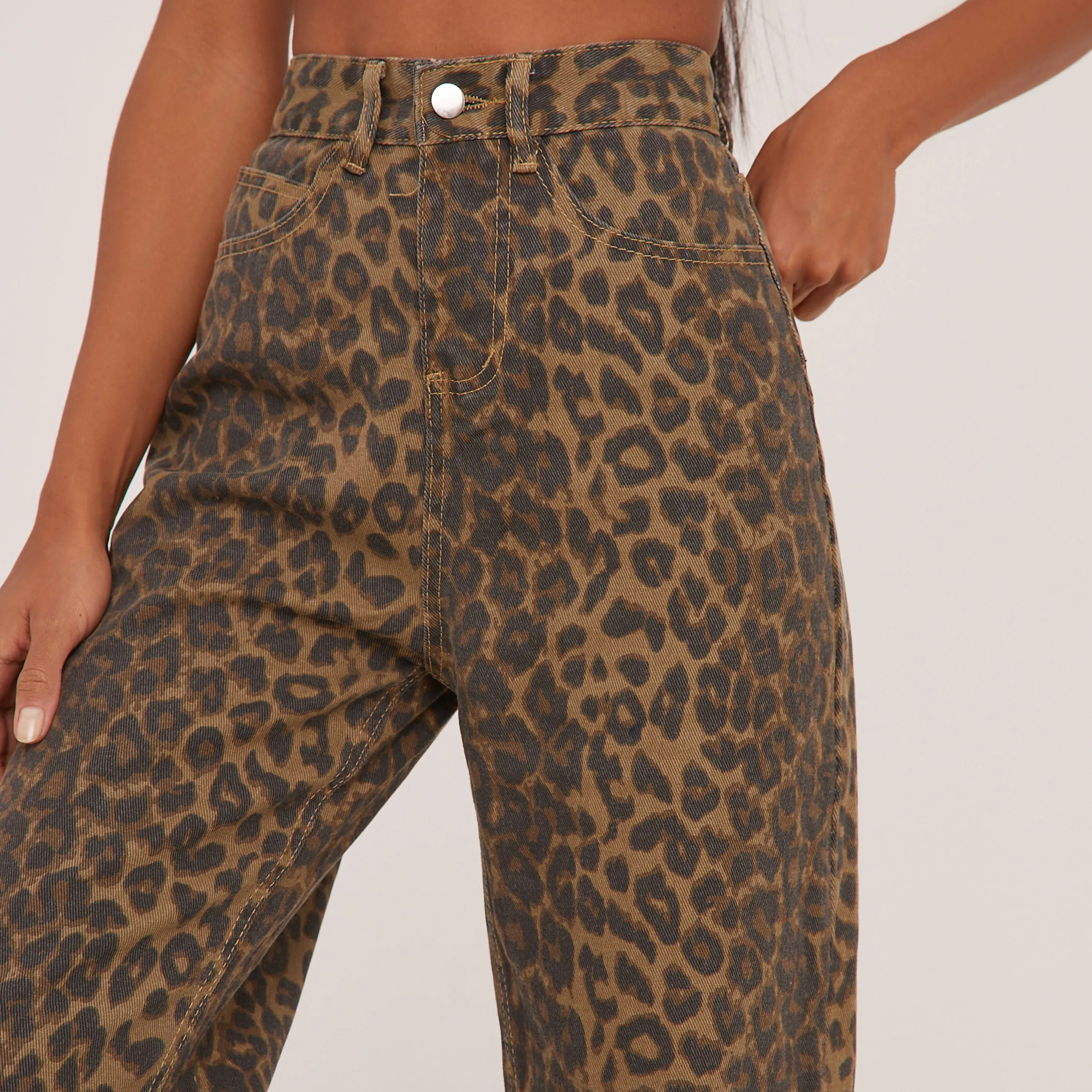 High Waist Straight Leg Jeans In Brown Leopard Print Denim