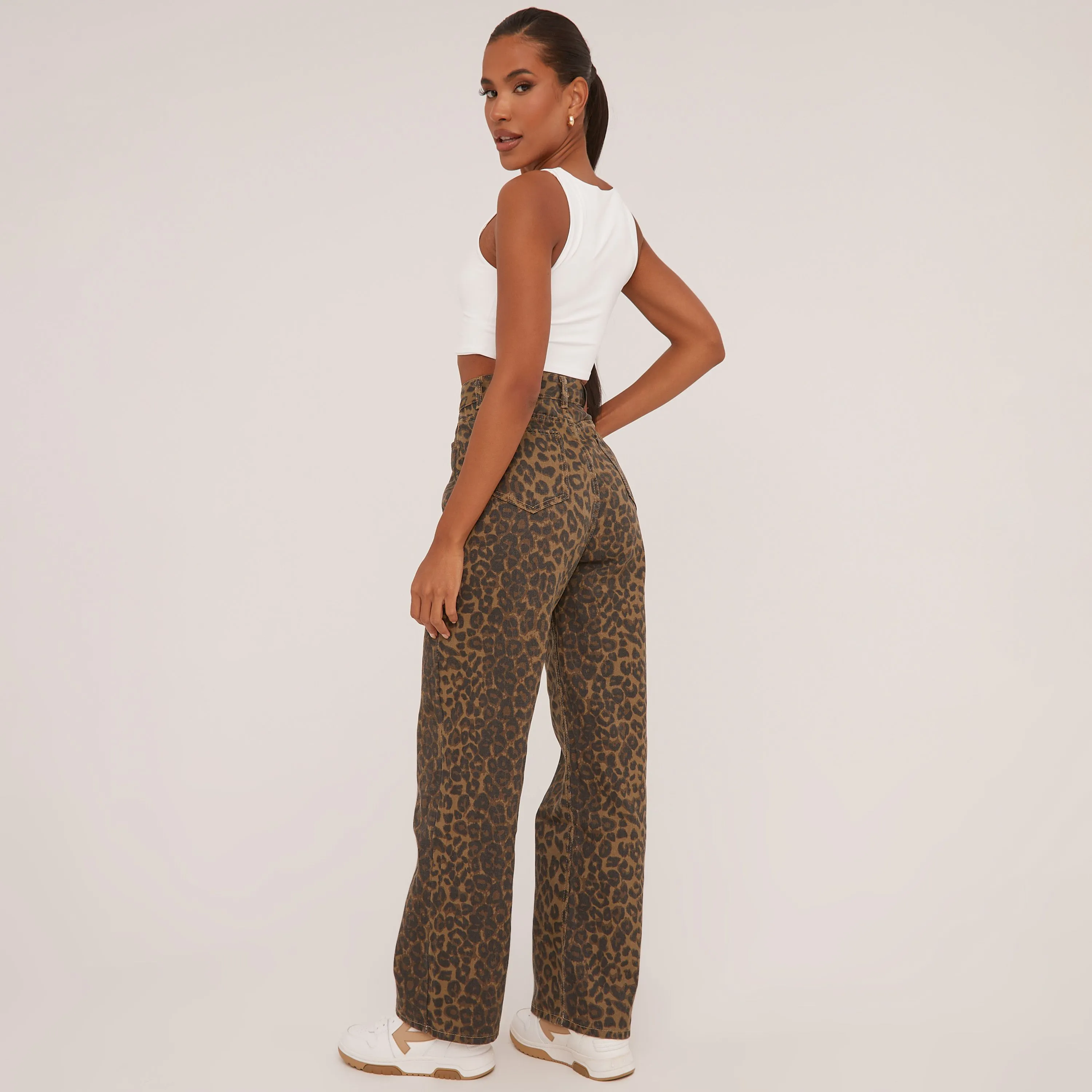 High Waist Straight Leg Jeans In Brown Leopard Print Denim