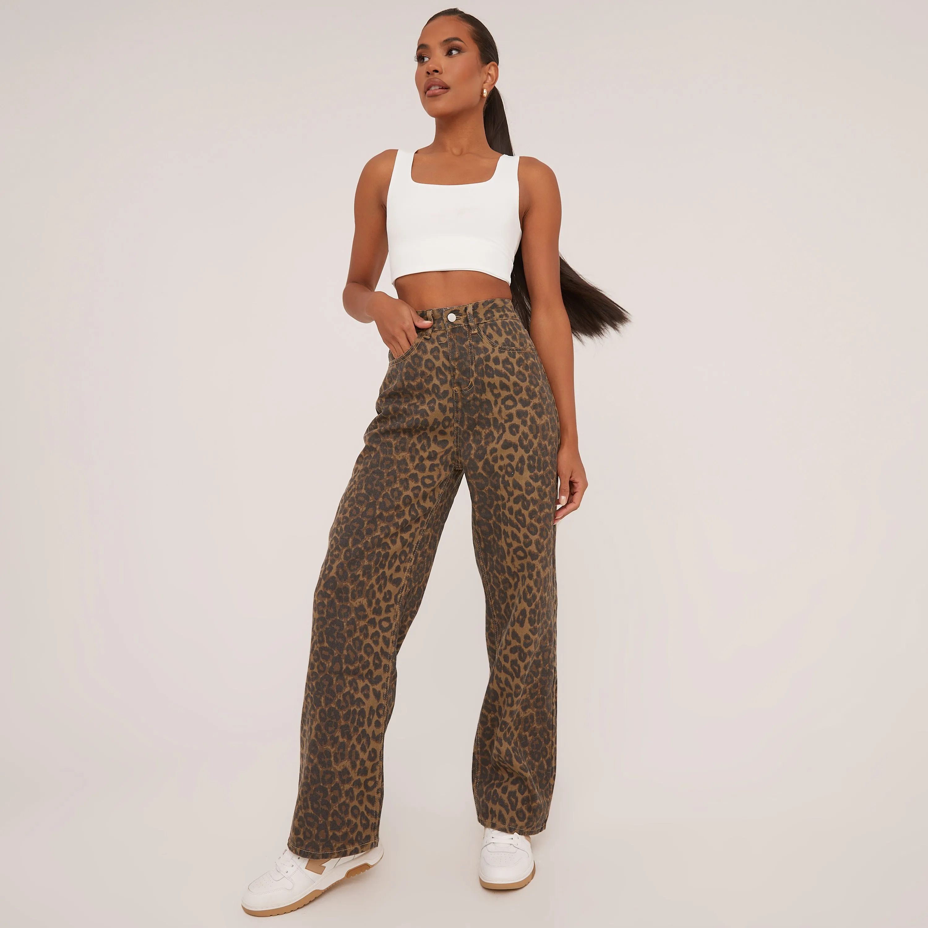 High Waist Straight Leg Jeans In Brown Leopard Print Denim