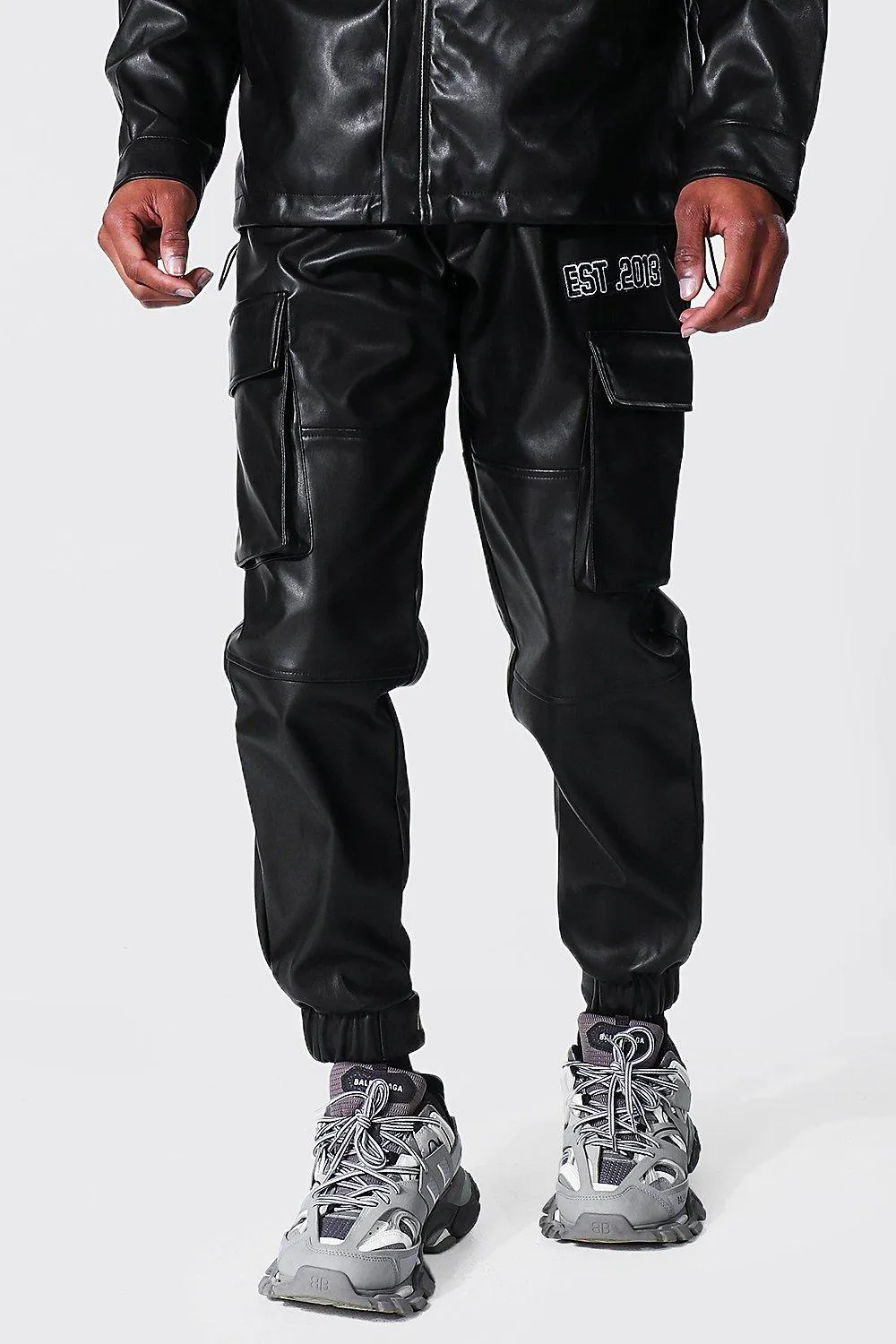 Leather Look Est.2013 Cargo Joggers | boohooMAN UK