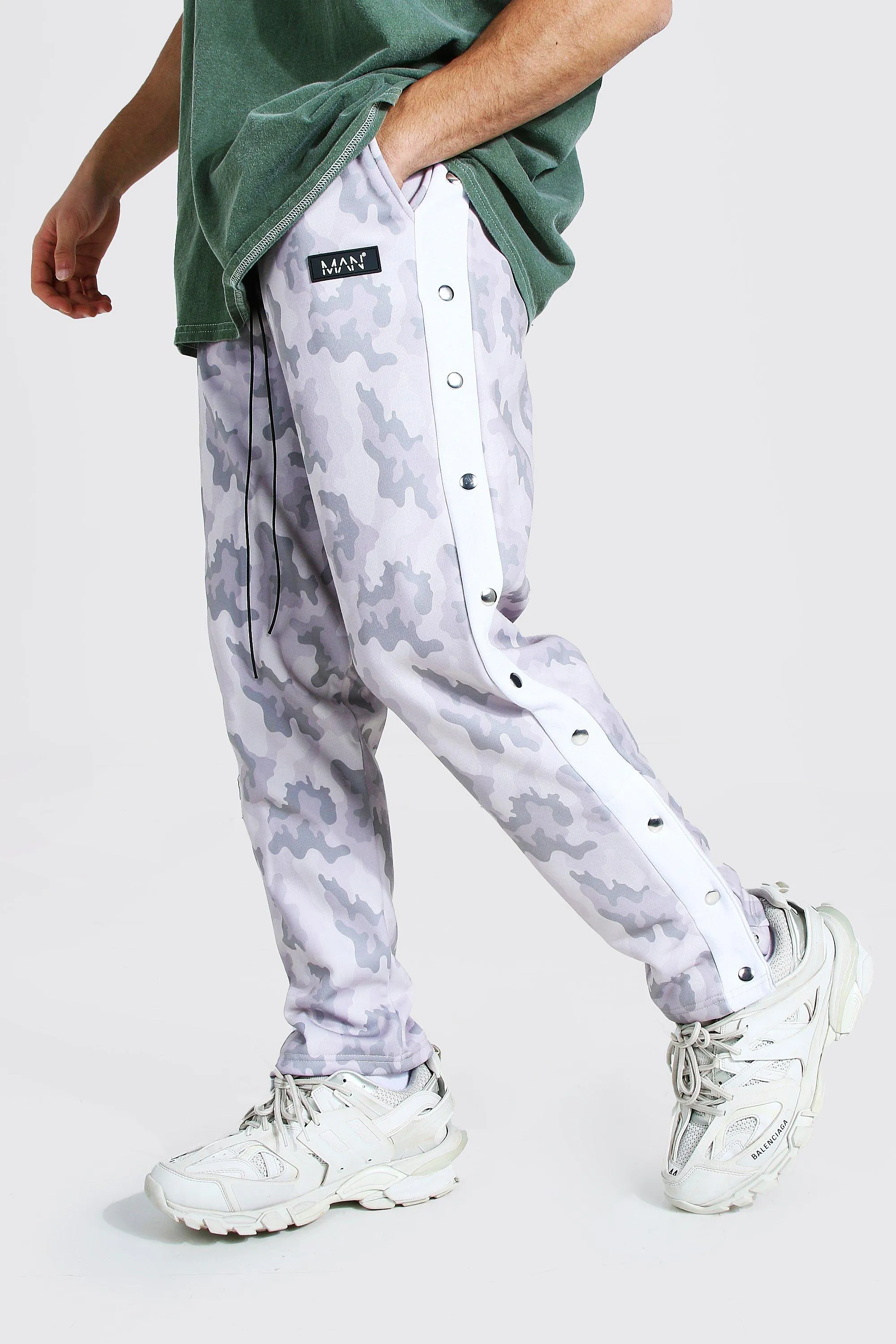 Man Side Panel Camo Popper Joggers | boohooMAN UK