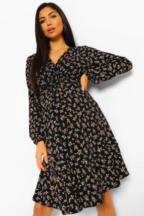 Maternity Floral Twist Knot Smock Dress