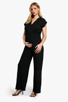 Maternity Textured V- Neck Belted Jumpsuit