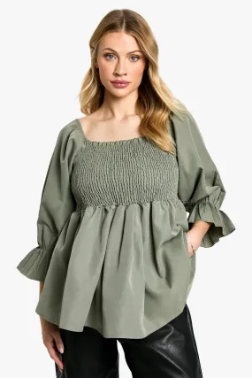 Maternity Woven Shirred Long Sleeve Smock Top