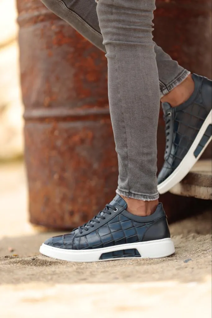 Navy Blue Crocodile Pattern Sneakers for Men | GentWith.com