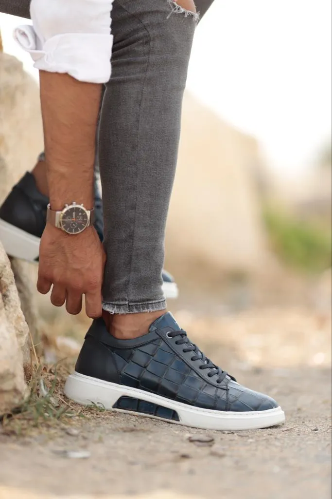 Navy Blue Crocodile Pattern Sneakers for Men | GentWith.com