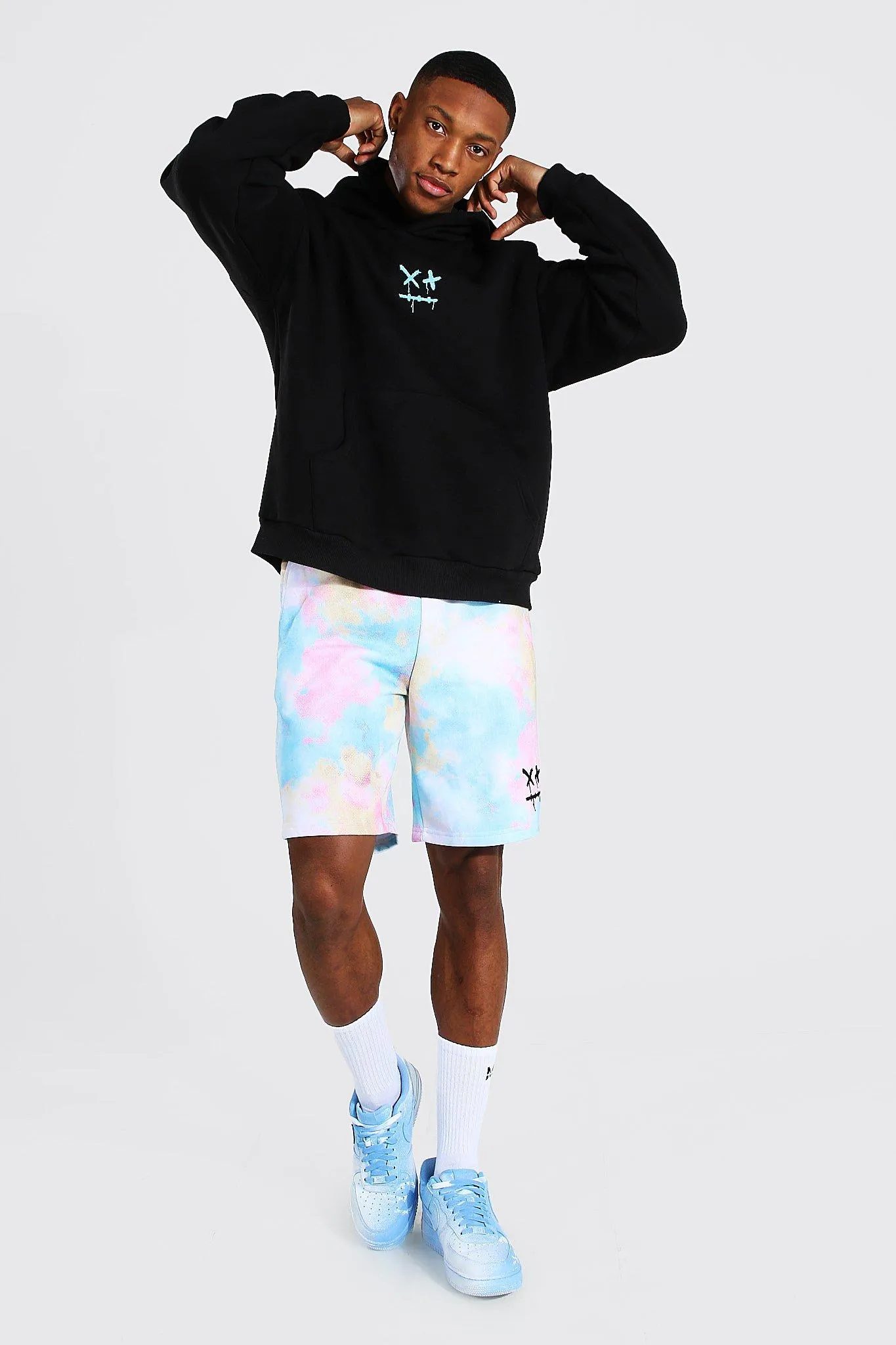 Oversize Drip Face Hoodie & Tie Dye Short Set | boohooMAN UK