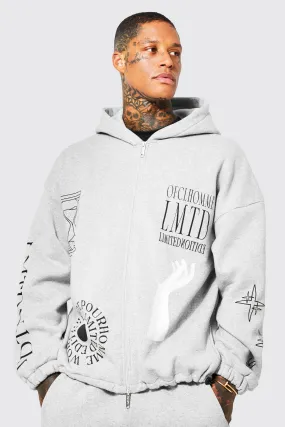 Oversized Multi Graphic Zip Through Hoodie | boohooMAN UK