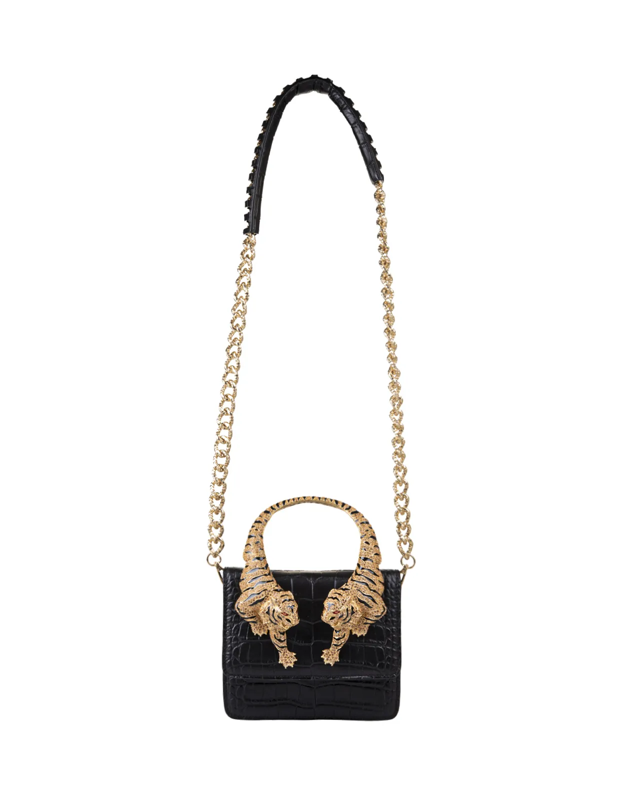 ROBERTO CAVALLI Black Medium Roar Shoulder Bag With Jewelled Tigers