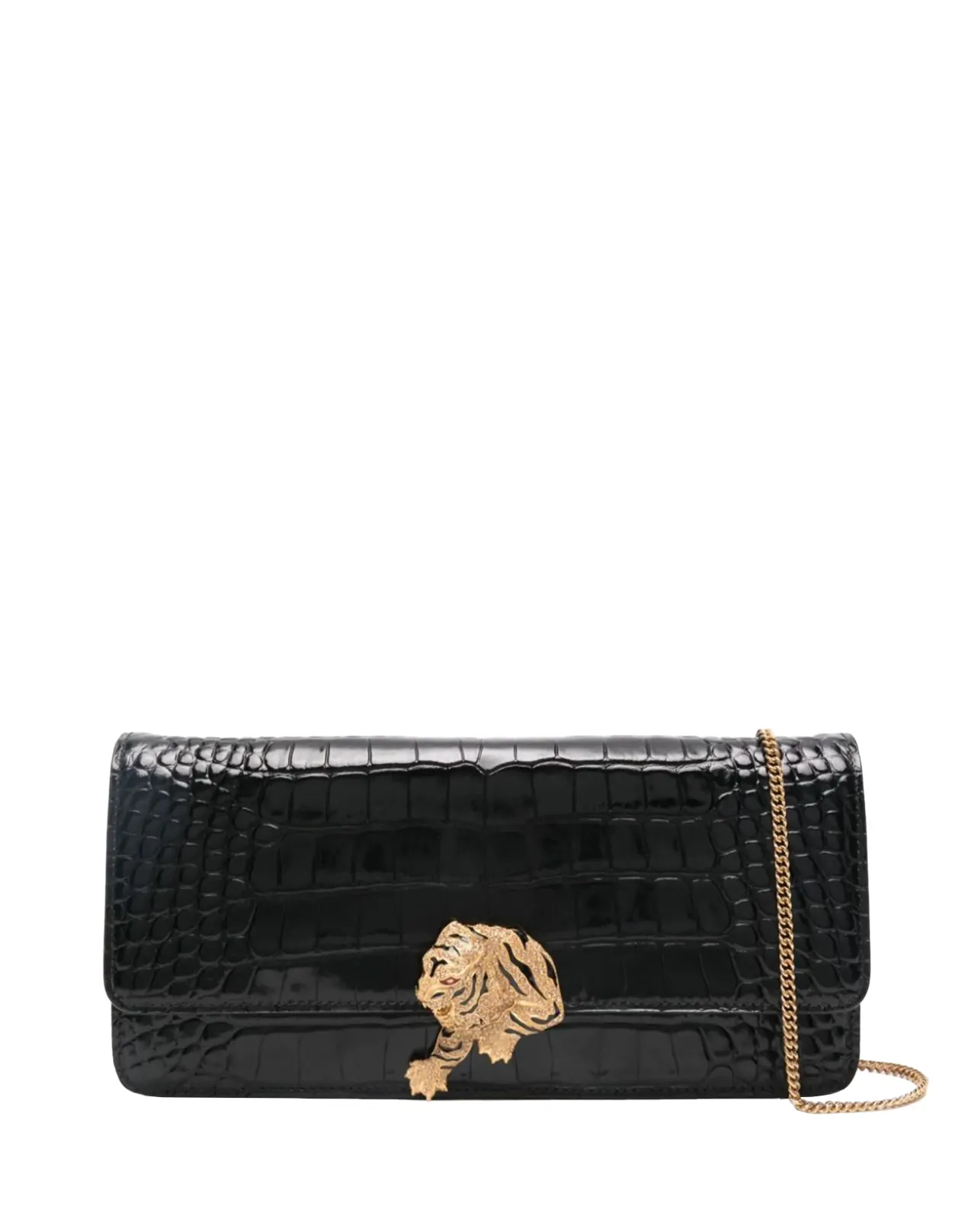 ROBERTO CAVALLI Embossed Crocodile Leather Shoulder Bag With Tiger Jewel