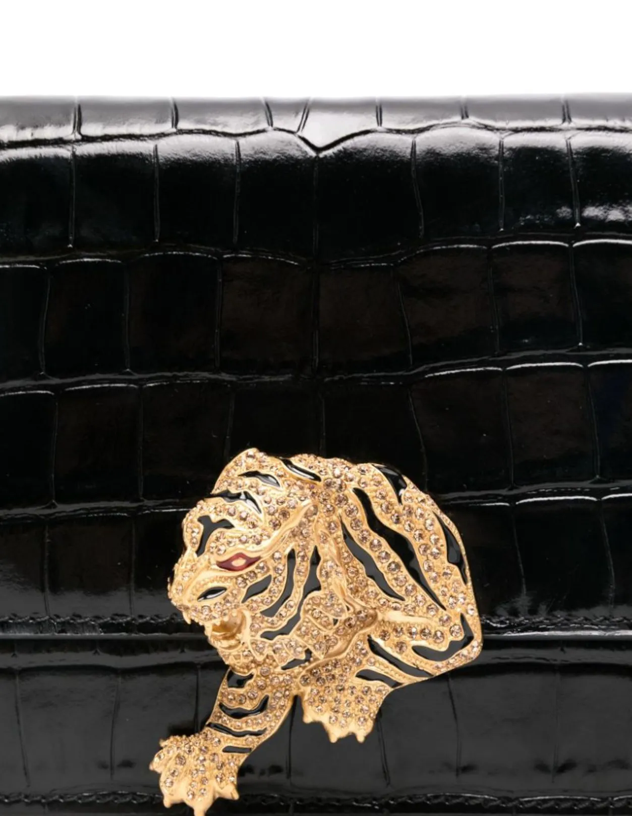 ROBERTO CAVALLI Embossed Crocodile Leather Shoulder Bag With Tiger Jewel