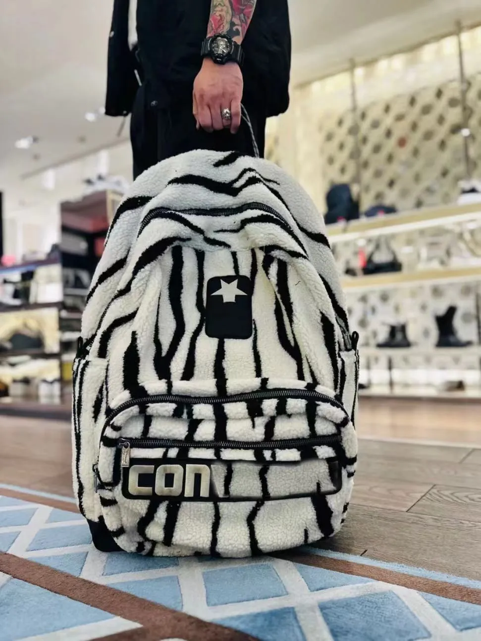 Self-Made Rick Owens Collaboration Zebra Stripe Large Street Plush Backpack