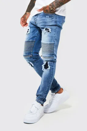 Skinny Stretch Rip & Repair Zip Biker Jeans | boohooMAN UK