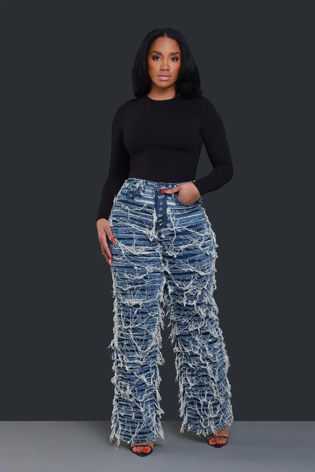 Tear It Up Ultra Distressed Wide Leg Jeans - Dark Wash