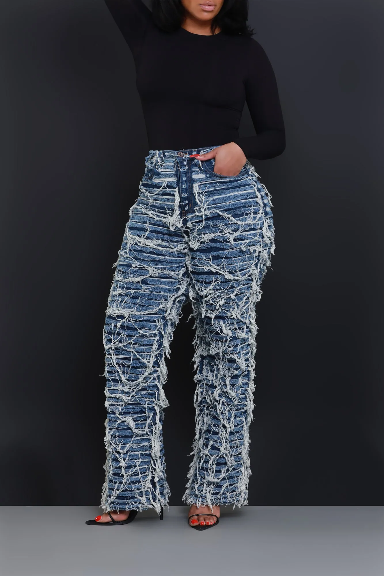 Tear It Up Ultra Distressed Wide Leg Jeans - Dark Wash