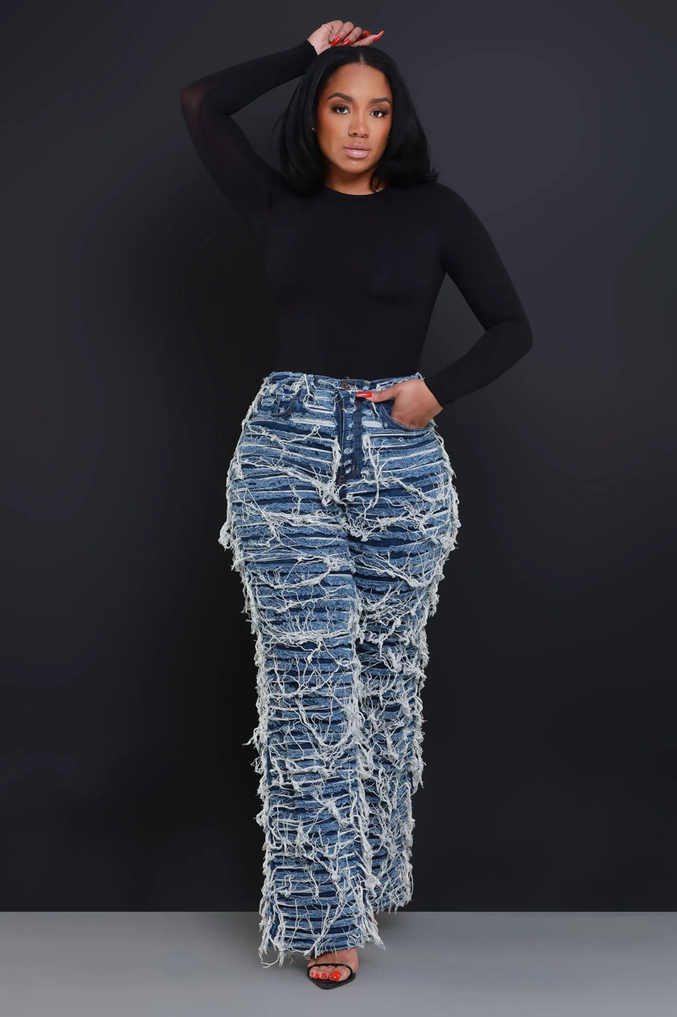 Tear It Up Ultra Distressed Wide Leg Jeans - Dark Wash