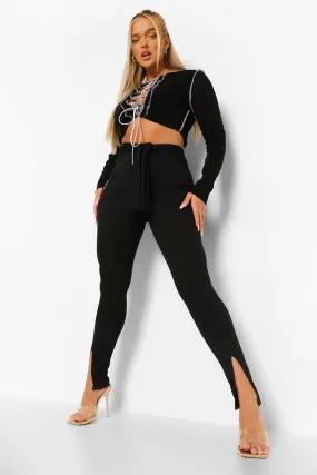 Tie Waist Split Hem Ribbed Leggings