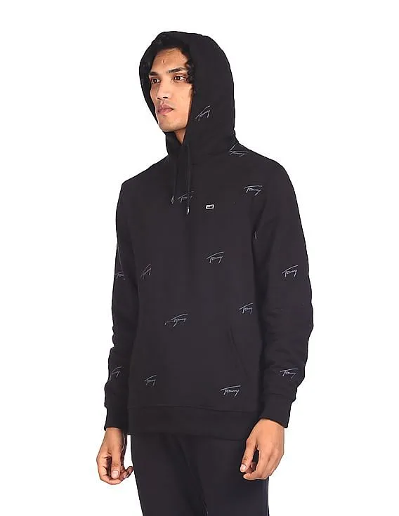 Tommy Hilfiger Men Black Brand Print Hoodie Sweatshirt