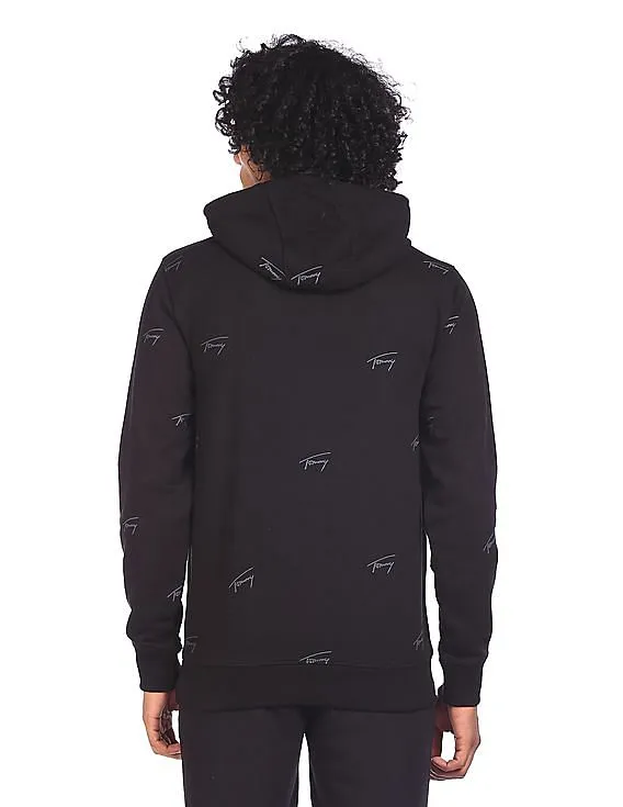 Tommy Hilfiger Men Black Brand Print Hoodie Sweatshirt