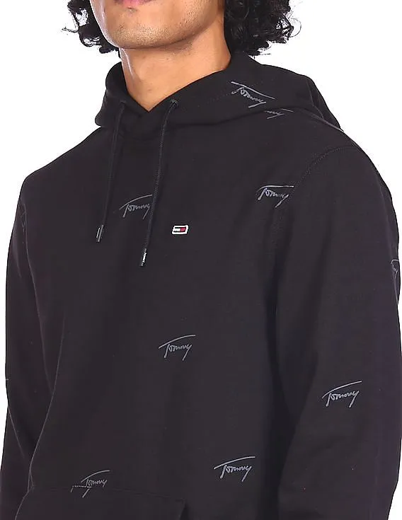 Tommy Hilfiger Men Black Brand Print Hoodie Sweatshirt