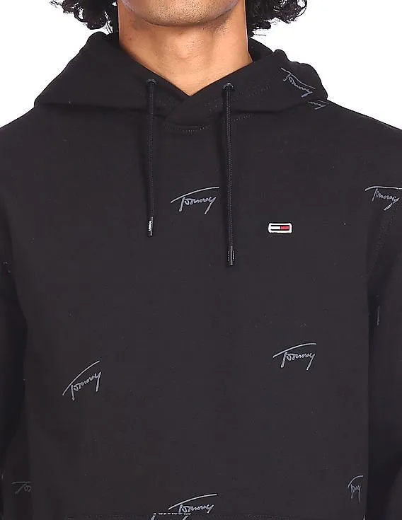 Tommy Hilfiger Men Black Brand Print Hoodie Sweatshirt