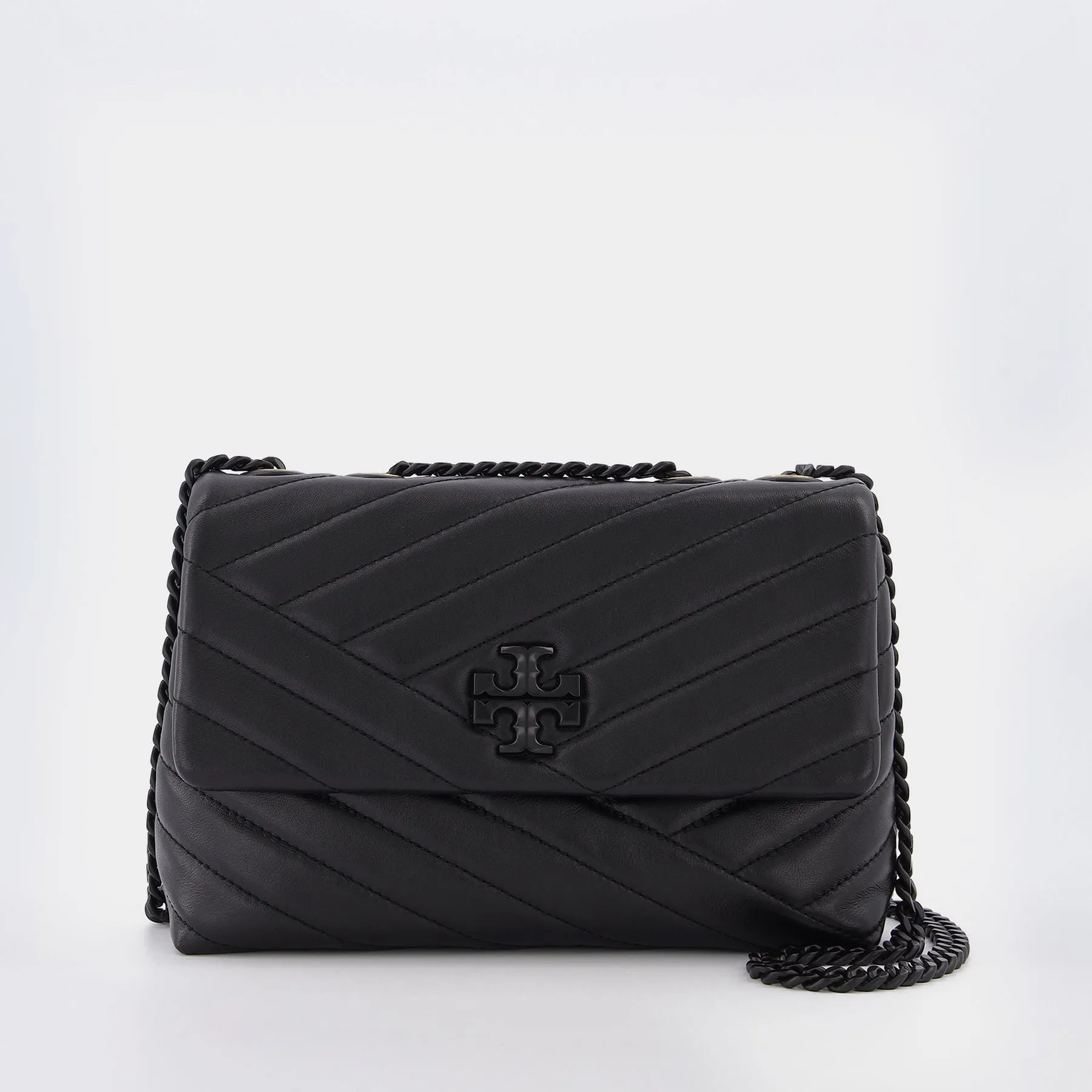 Tory Burch  Kira Chevron Powder Coated Small Convertible Shoulder Bag in black leather