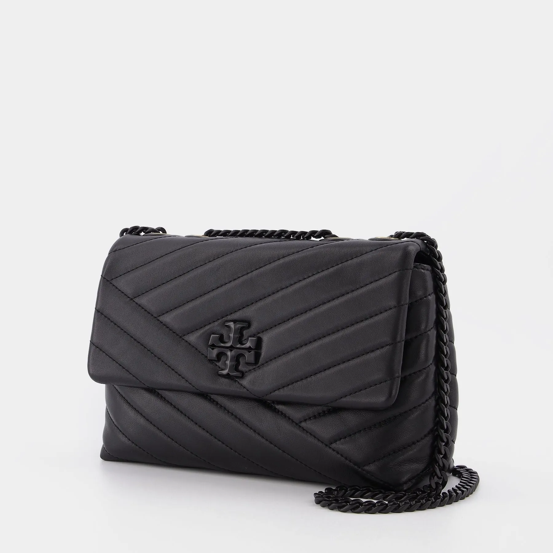 Tory Burch  Kira Chevron Powder Coated Small Convertible Shoulder Bag in black leather