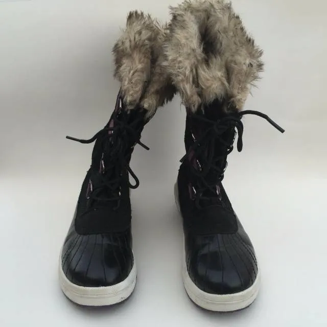 Unbrand junior girl's fashion black leather faux fur boot size--3