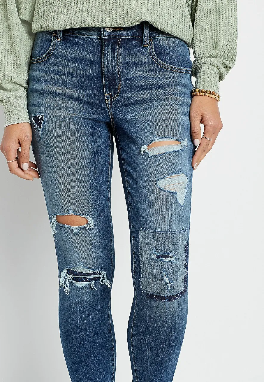 Women Maurices Jeans | Denimflex High Rise Dark Patchwork Destructed Jegging