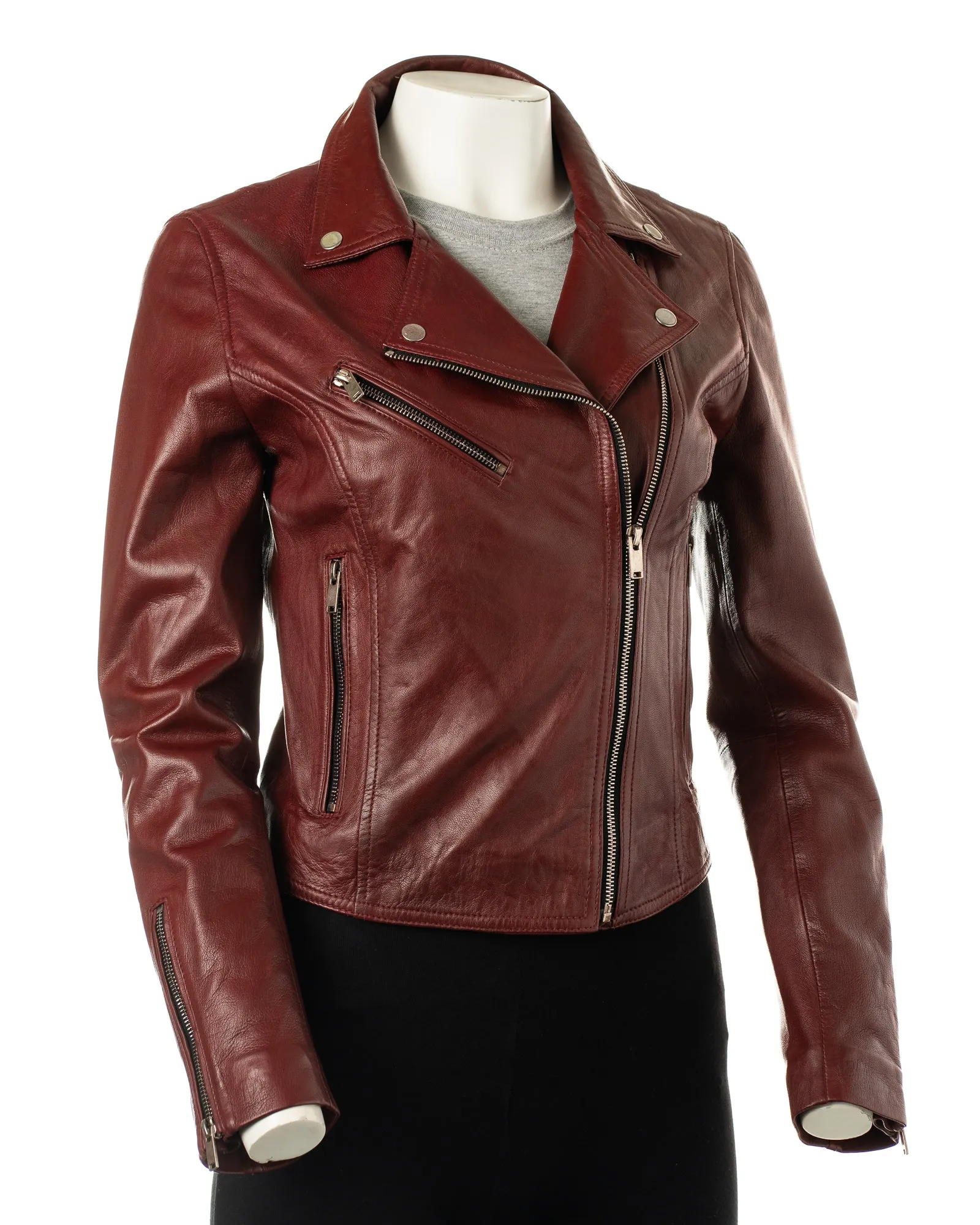 Women's Burgundy Simple Asymmetric Leather Biker Jacket: Brigida