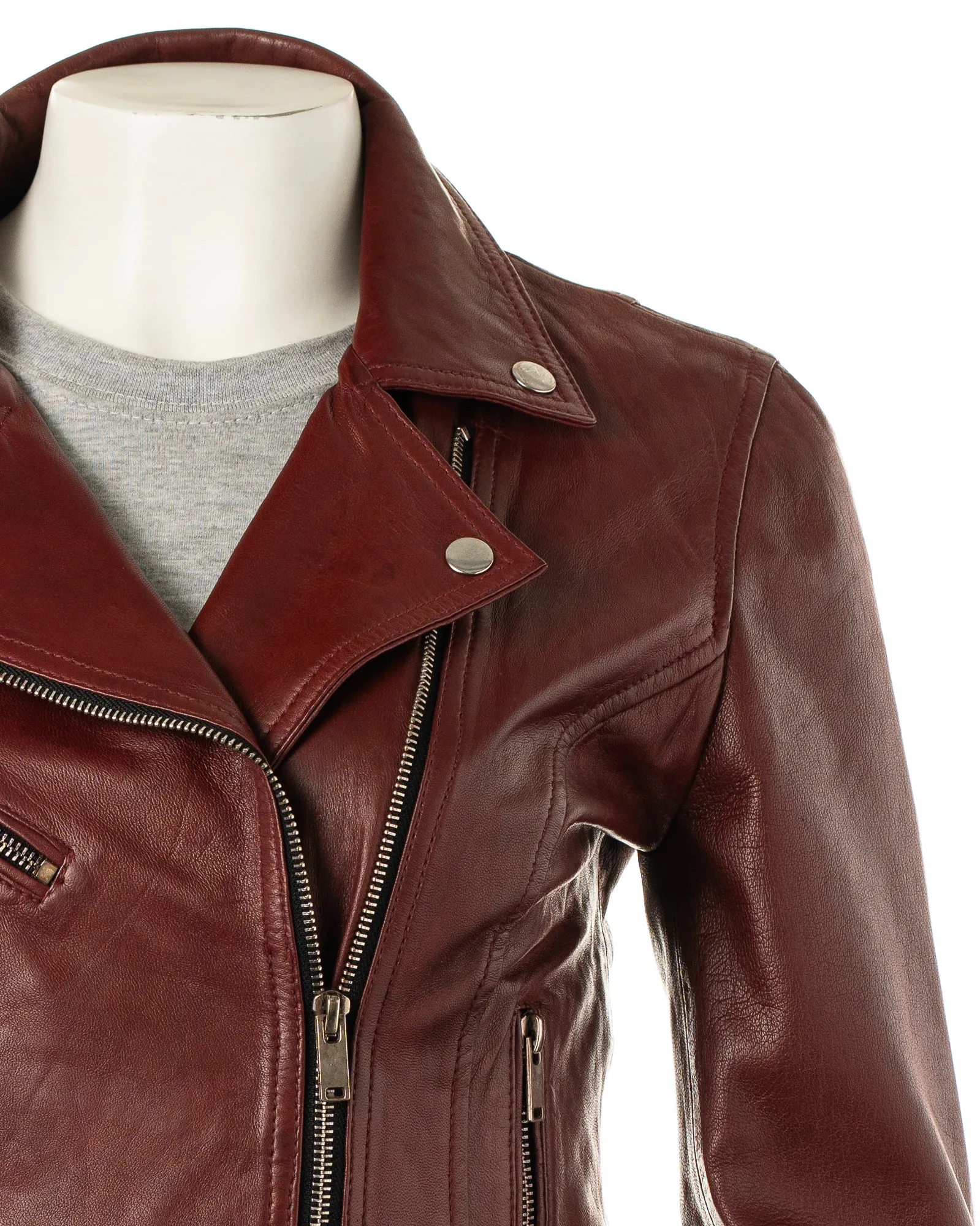 Women's Burgundy Simple Asymmetric Leather Biker Jacket: Brigida