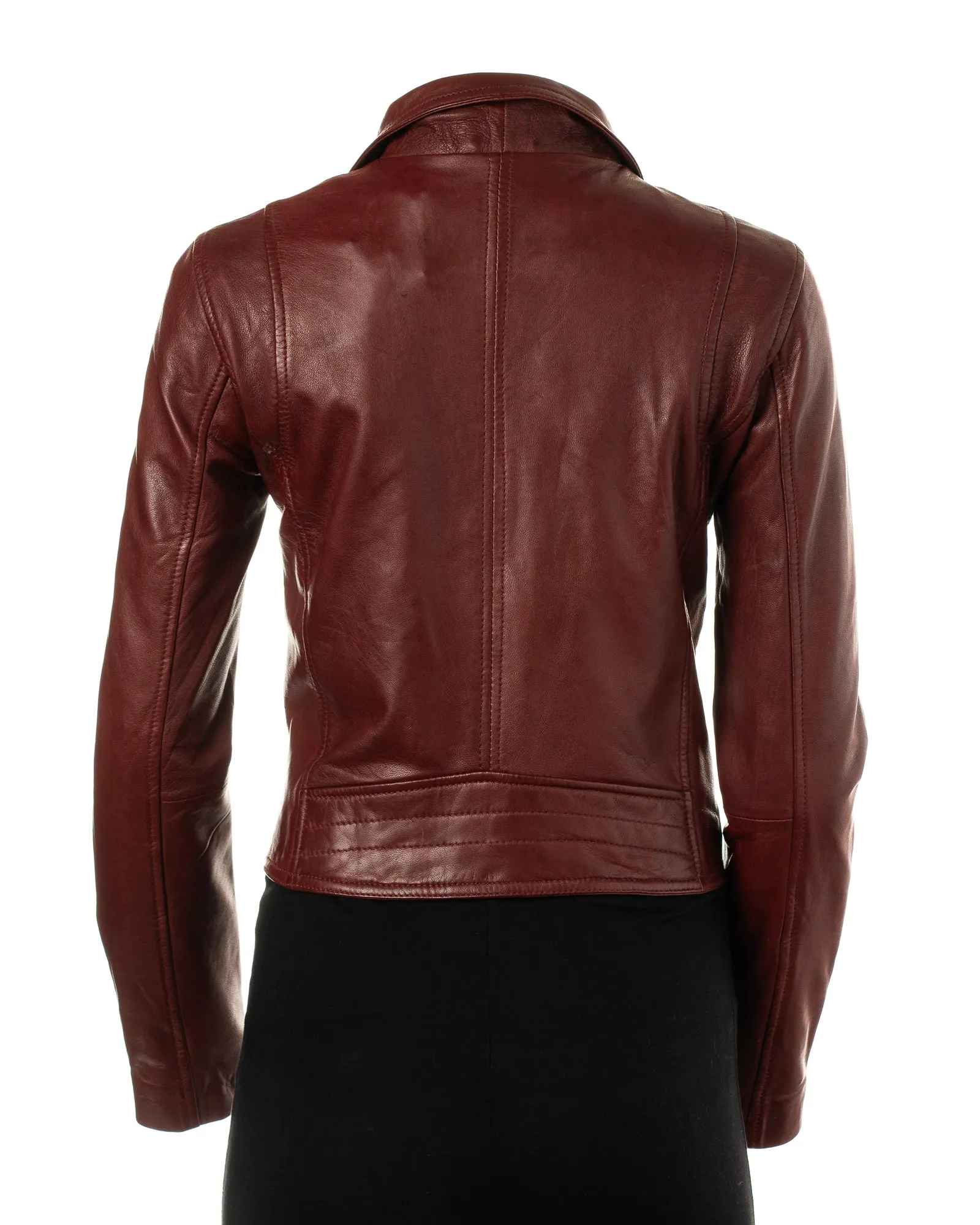 Women's Burgundy Simple Asymmetric Leather Biker Jacket: Brigida