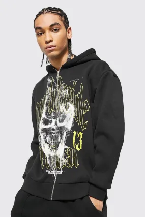 Worldwide Skull Graphic Zip Through Hoodie | boohooMAN UK